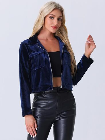 Allegra K Cropped Velvet Jacket for Women's 2024 Fall Winter Long Sleeve Zip Up Casual Jackets in Saudi Arabia