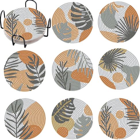 8 Pcs Leaves Diamond Coasters Painting Coasters with Holder, DIY Leave Boho Diamond Art Coasters for Adults Kids Beginners, Diamond Art Painting Kits Accessories Art Craft Supplies in Saudi Arabia