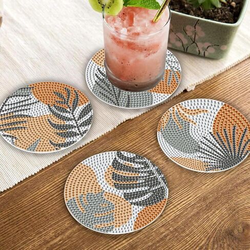 8 Pcs Leaves Diamond Coasters Painting Coasters with Holder, DIY Leave Boho Diamond Art Coasters for Adults Kids Beginners, Diamond Art Painting Kits Accessories Art Craft Supplies in Saudi Arabia