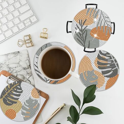 8 Pcs Leaves Diamond Coasters Painting Coasters with Holder, DIY Leave Boho Diamond Art Coasters for Adults Kids Beginners, Diamond Art Painting Kits Accessories Art Craft Supplies in Saudi Arabia