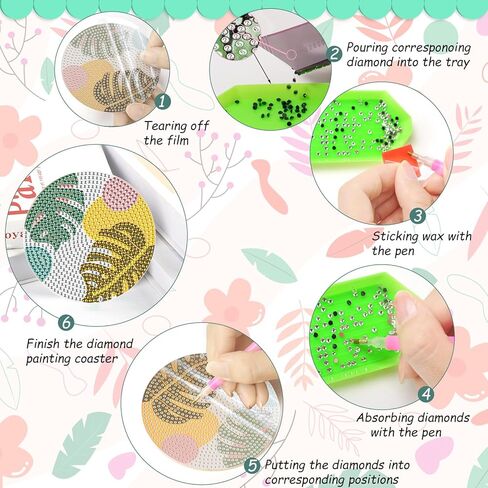 8 Pcs Leaves Diamond Coasters Painting Coasters with Holder, DIY Leave Boho Diamond Art Coasters for Adults Kids Beginners, Diamond Art Painting Kits Accessories Art Craft Supplies in Kuwait