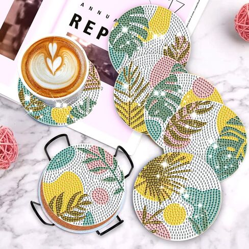 8 Pcs Leaves Diamond Coasters Painting Coasters with Holder, DIY Leave Boho Diamond Art Coasters for Adults Kids Beginners, Diamond Art Painting Kits Accessories Art Craft Supplies in Kuwait
