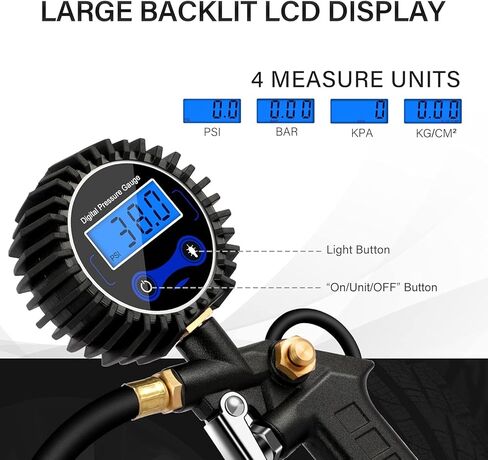 مقياس ضغط الإطارات الرقمي من AVID POWER، منفاخ الإطارات مع مقياس الضغط 200 رطل لكل بوصة مربعة، ظرف هواء شديد التحمل، وصلة توصيل سريعة لضاغط الهواء، دقيق للغاية، مقياس ضغط مع جهاز تفريغ الهواء in Kuwait
