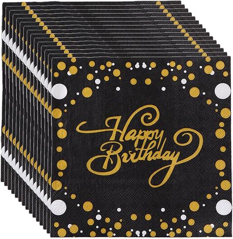 40Pcs Happy Birthday Napkins,Gold and Black Party Supplies Disposable Napkins,Party Serviettes, Cocktail Napkins with Gold Foil for Birthday Party Decoration in Saudi Arabia