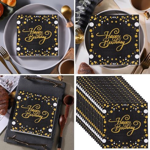 40Pcs Happy Birthday Napkins,Gold and Black Party Supplies Disposable Napkins,Party Serviettes, Cocktail Napkins with Gold Foil for Birthday Party Decoration in Saudi Arabia
