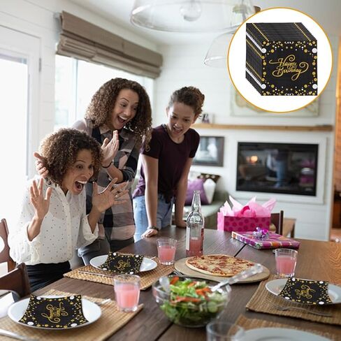40Pcs Happy Birthday Napkins,Gold and Black Party Supplies Disposable Napkins,Party Serviettes, Cocktail Napkins with Gold Foil for Birthday Party Decoration in Saudi Arabia