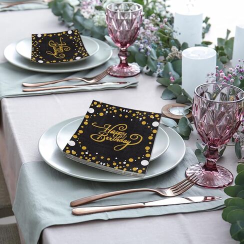 40Pcs Happy Birthday Napkins,Gold and Black Party Supplies Disposable Napkins,Party Serviettes, Cocktail Napkins with Gold Foil for Birthday Party Decoration in Saudi Arabia