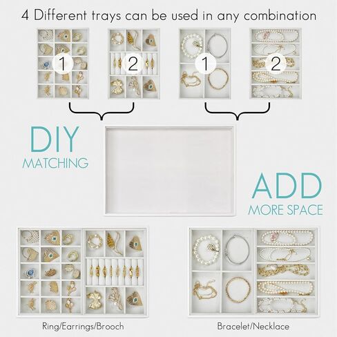Vlando 4 Slot Necklace Jewelry Tray, Small Jewelry Organizer for Drawer, Stackable Jewelry Organizer Trays, Drawer Jewelry Organizer, Soft Lining DIY Combinations Tray - Grey in Kuwait