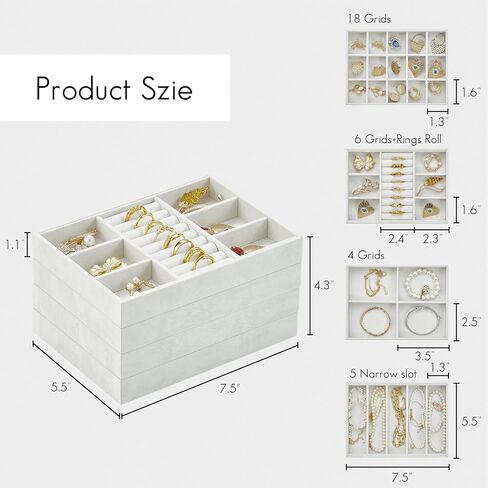 Vlando 4 Slot Necklace Jewelry Tray, Small Jewelry Organizer for Drawer, Stackable Jewelry Organizer Trays, Drawer Jewelry Organizer, Soft Lining DIY Combinations Tray - Grey in Kuwait