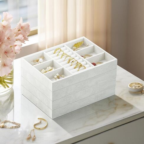 Vlando 4 Slot Necklace Jewelry Tray, Small Jewelry Organizer for Drawer, Stackable Jewelry Organizer Trays, Drawer Jewelry Organizer, Soft Lining DIY Combinations Tray - Grey in Kuwait