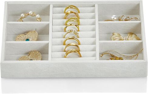 Vlando 4 Slot Necklace Jewelry Tray, Small Jewelry Organizer for Drawer, Stackable Jewelry Organizer Trays, Drawer Jewelry Organizer, Soft Lining DIY Combinations Tray - Grey in Kuwait