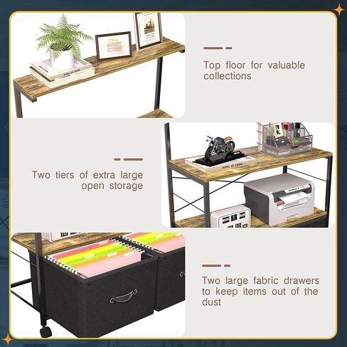 VECELO Mobile Lateral File Cabinet with 3 Open Storage Shelf, Ideal for Letter Size Folders, with Lockable Casters, Strong Steel Frame, Perfect for Office, Brown, Black in Saudi Arabia
