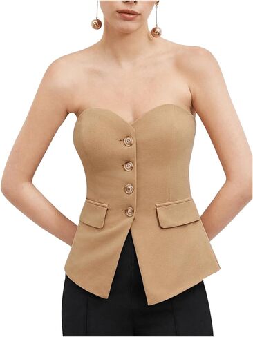 OYOANGLE Women's Button Front Split Hem Strapless Tube Top Elegant Workwear Tank Tops in Saudi Arabia