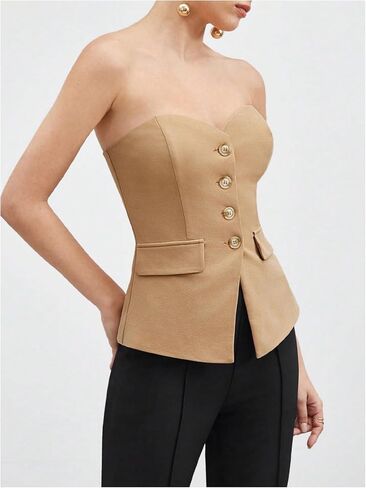 OYOANGLE Women's Button Front Split Hem Strapless Tube Top Elegant Workwear Tank Tops in Saudi Arabia
