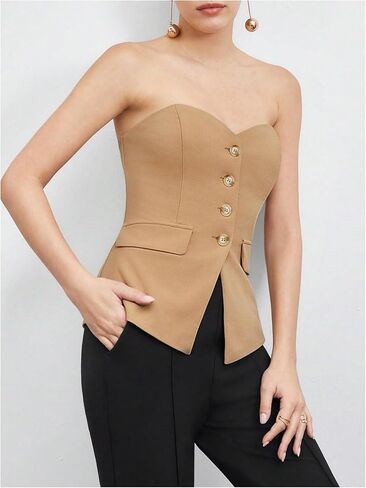 OYOANGLE Women's Button Front Split Hem Strapless Tube Top Elegant Workwear Tank Tops in Saudi Arabia