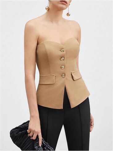 OYOANGLE Women's Button Front Split Hem Strapless Tube Top Elegant Workwear Tank Tops in Saudi Arabia