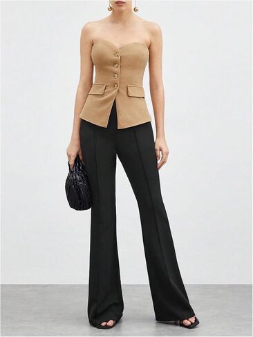 OYOANGLE Women's Button Front Split Hem Strapless Tube Top Elegant Workwear Tank Tops in Saudi Arabia