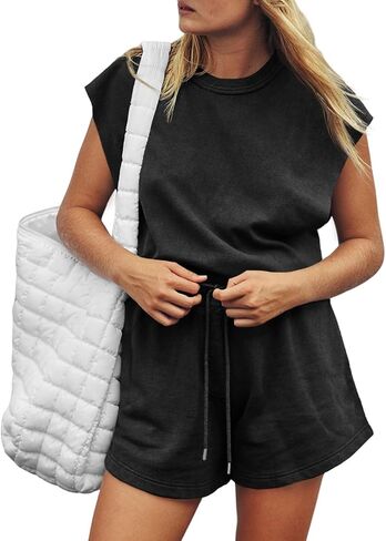 Tongmingyun Womens Casual Summer Romper Loose Cap Sleeve Open Back Drawstring Workout Short Jumpsuits in Saudi Arabia
