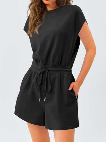 Tongmingyun Womens Casual Summer Romper Loose Cap Sleeve Open Back Drawstring Workout Short Jumpsuits in Saudi Arabia