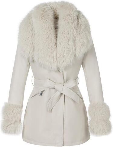Giolshon Women Faux Leather Jacket Winter Long Sleeve Zip Warm Belt Coat with Fur Collar in Saudi Arabia