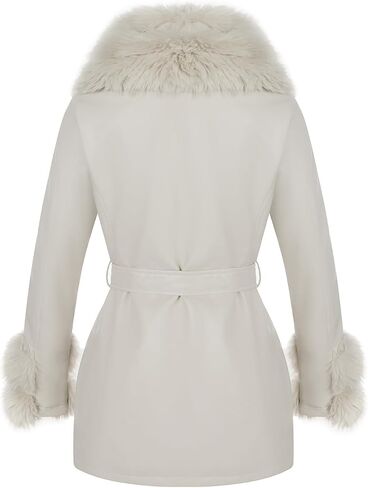 Giolshon Women Faux Leather Jacket Winter Long Sleeve Zip Warm Belt Coat with Fur Collar in Saudi Arabia