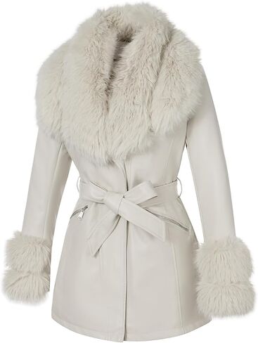 Giolshon Women Faux Leather Jacket Winter Long Sleeve Zip Warm Belt Coat with Fur Collar in Saudi Arabia