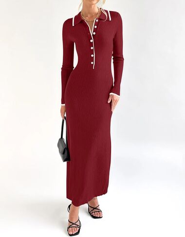 ZESICA Women's Long Sleeve Sweater Dress 2024 Fall V Neck Ribbed Knit Casual Formal Cocktail Bodycon Maxi Dresses in Saudi Arabia