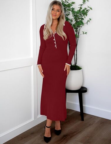 ZESICA Women's Long Sleeve Sweater Dress 2024 Fall V Neck Ribbed Knit Casual Formal Cocktail Bodycon Maxi Dresses in Saudi Arabia