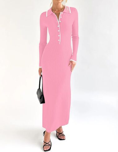 ZESICA Women's Long Sleeve Sweater Dress 2024 Fall V Neck Ribbed Knit Casual Formal Cocktail Bodycon Maxi Dresses in Saudi Arabia