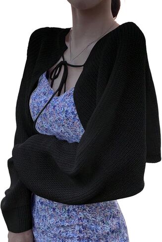 Women's Long Sleeve Tie Front Crop Cardigans Lightweight Drop Shoulder Sweaters Knit Bolero Shrug in Saudi Arabia