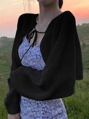 Women's Long Sleeve Tie Front Crop Cardigans Lightweight Drop Shoulder Sweaters Knit Bolero Shrug in Saudi Arabia