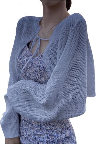 Women's Long Sleeve Tie Front Crop Cardigans Lightweight Drop Shoulder Sweaters Knit Bolero Shrug in Saudi Arabia