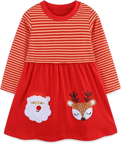 فستان بناتي بأكمام طويلة مخطط من القطن للكريسماس كاجوال للخريف من Autuman Tunic Playwear فساتين الحفلات الأساسية in Saudi Arabia