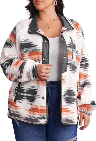 IN'VOLAND Plus Size Womens Fleece Jacket Western Aztec Print Long Sleeve Snap Button Down Shacket with Pockets in Saudi Arabia