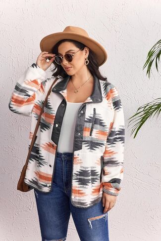 IN'VOLAND Plus Size Womens Fleece Jacket Western Aztec Print Long Sleeve Snap Button Down Shacket with Pockets in Saudi Arabia