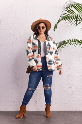 IN'VOLAND Plus Size Womens Fleece Jacket Western Aztec Print Long Sleeve Snap Button Down Shacket with Pockets in Saudi Arabia