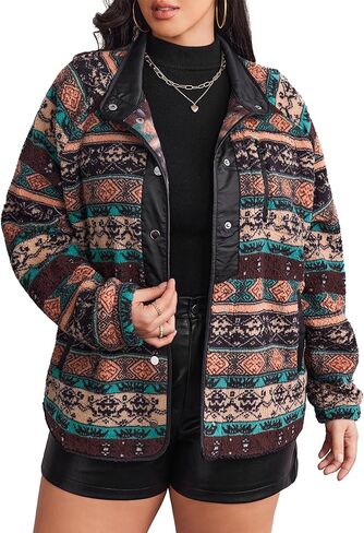 IN'VOLAND Plus Size Womens Fleece Jacket Western Aztec Print Long Sleeve Snap Button Down Shacket with Pockets in Kuwait