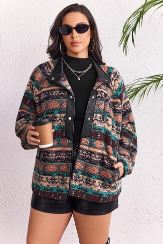 IN'VOLAND Plus Size Womens Fleece Jacket Western Aztec Print Long Sleeve Snap Button Down Shacket with Pockets in Kuwait