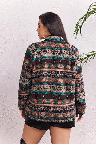 IN'VOLAND Plus Size Womens Fleece Jacket Western Aztec Print Long Sleeve Snap Button Down Shacket with Pockets in Kuwait