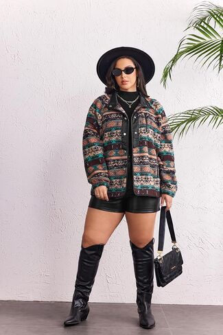 IN'VOLAND Plus Size Womens Fleece Jacket Western Aztec Print Long Sleeve Snap Button Down Shacket with Pockets in Kuwait
