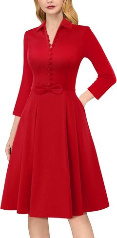 VFSHOW Womens 2024 Business Work Office Collar V Neck Bow Belted Pockets Buttons Slim Vintage Fit and Flare A Line Dress in Saudi Arabia