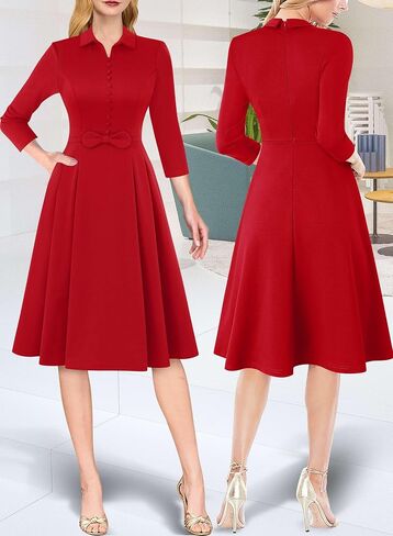 VFSHOW Womens 2024 Business Work Office Collar V Neck Bow Belted Pockets Buttons Slim Vintage Fit and Flare A Line Dress in Saudi Arabia