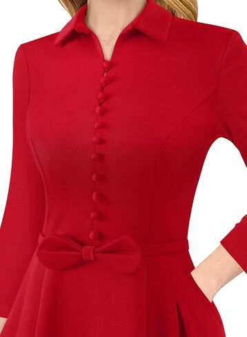 VFSHOW Womens 2024 Business Work Office Collar V Neck Bow Belted Pockets Buttons Slim Vintage Fit and Flare A Line Dress in Saudi Arabia