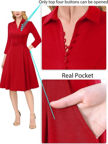 VFSHOW Womens 2024 Business Work Office Collar V Neck Bow Belted Pockets Buttons Slim Vintage Fit and Flare A Line Dress in Saudi Arabia