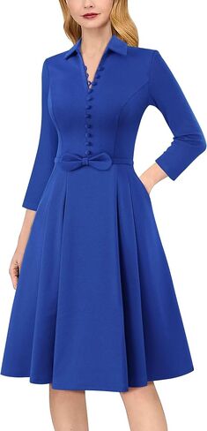VFSHOW Womens 2024 Business Work Office Collar V Neck Bow Belted Pockets Buttons Slim Vintage Fit and Flare A Line Dress in Saudi Arabia