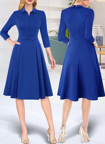 VFSHOW Womens 2024 Business Work Office Collar V Neck Bow Belted Pockets Buttons Slim Vintage Fit and Flare A Line Dress in Saudi Arabia