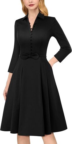 VFSHOW Womens 2024 Business Work Office Collar V Neck Bow Belted Pockets Buttons Slim Vintage Fit and Flare A Line Dress in Kuwait