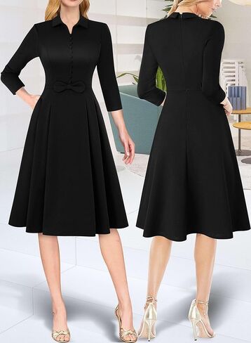VFSHOW Womens 2024 Business Work Office Collar V Neck Bow Belted Pockets Buttons Slim Vintage Fit and Flare A Line Dress in Kuwait