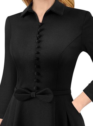 VFSHOW Womens 2024 Business Work Office Collar V Neck Bow Belted Pockets Buttons Slim Vintage Fit and Flare A Line Dress in Kuwait