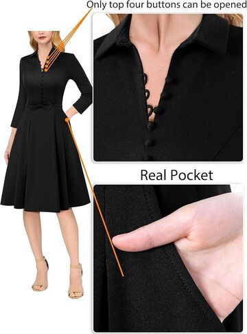 VFSHOW Womens 2024 Business Work Office Collar V Neck Bow Belted Pockets Buttons Slim Vintage Fit and Flare A Line Dress in Kuwait